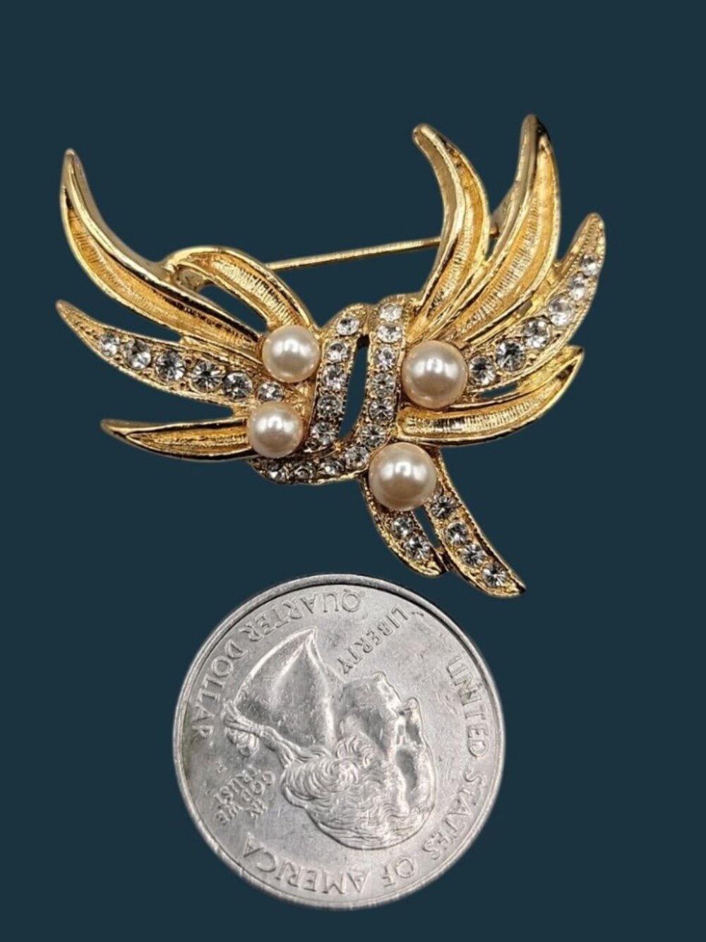 Vintage Rhinestone Faux Pearls Wings Brooch Pin Textured Gold Tone